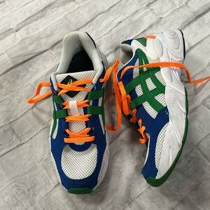 Asics Blue and Green Athletic Shoes with Orange Laces